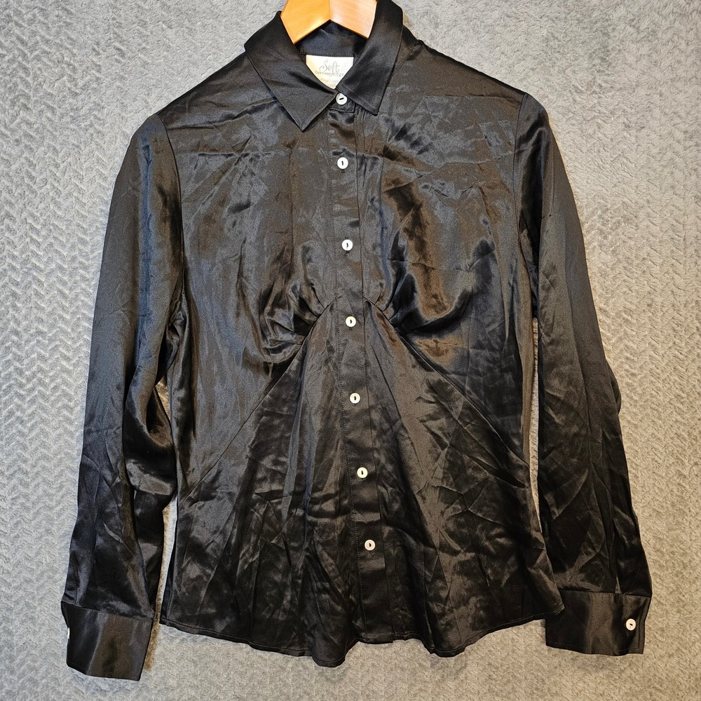 Soft Surroundings Womens Black 100% Silk Button Front Ruched Bust Blouse Size M